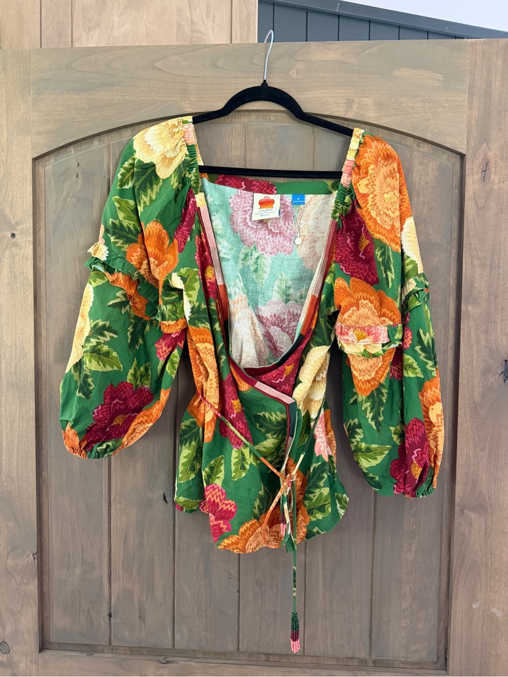 FARM Rio Green Floral Wrap Blouse with Orange & Yellow Blooms